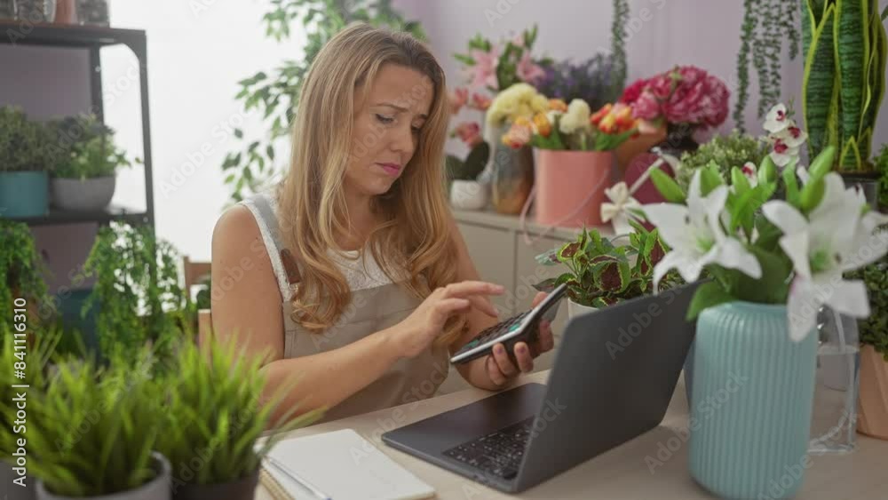 A pensive blonde woman using a calculator in a florist shop amidst vibrant flowers and plants. A pensive blonde woman using a calculator in a florist shop amidst vibrant flowers and plants.