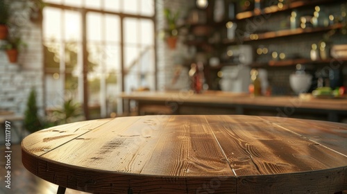 Rustic Wooden Table in Sunlit Kitchen Interior, Generative AI