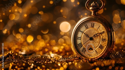 A gold pocket watch sits on a pile of gold coins