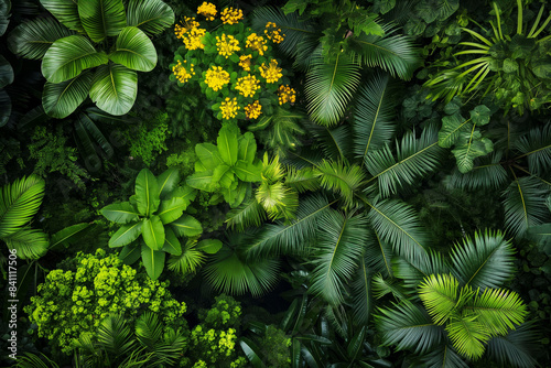 Aerial top view of tropical forest canopy with palm tree leaves  tree species and a flowering tree with yellow flowers  the diverse amazon forest seen from above