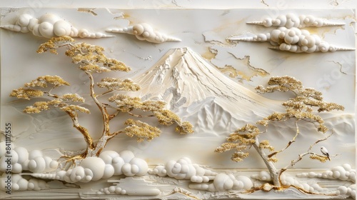 Japanese style stucco molding on the wall, mountains, pine trees with gold leafing, ocean covered in clouds, 3d relief painting art