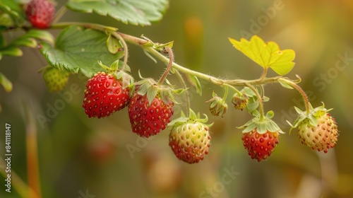 Partially ripened strawberries on the branch