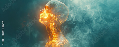 A skeleton is shown with a glowing head and a cloud of smoke in the background. Concept of mystery and intrigue, as the skeleton's glowing head seems to be surrounded by an otherworldly aura
