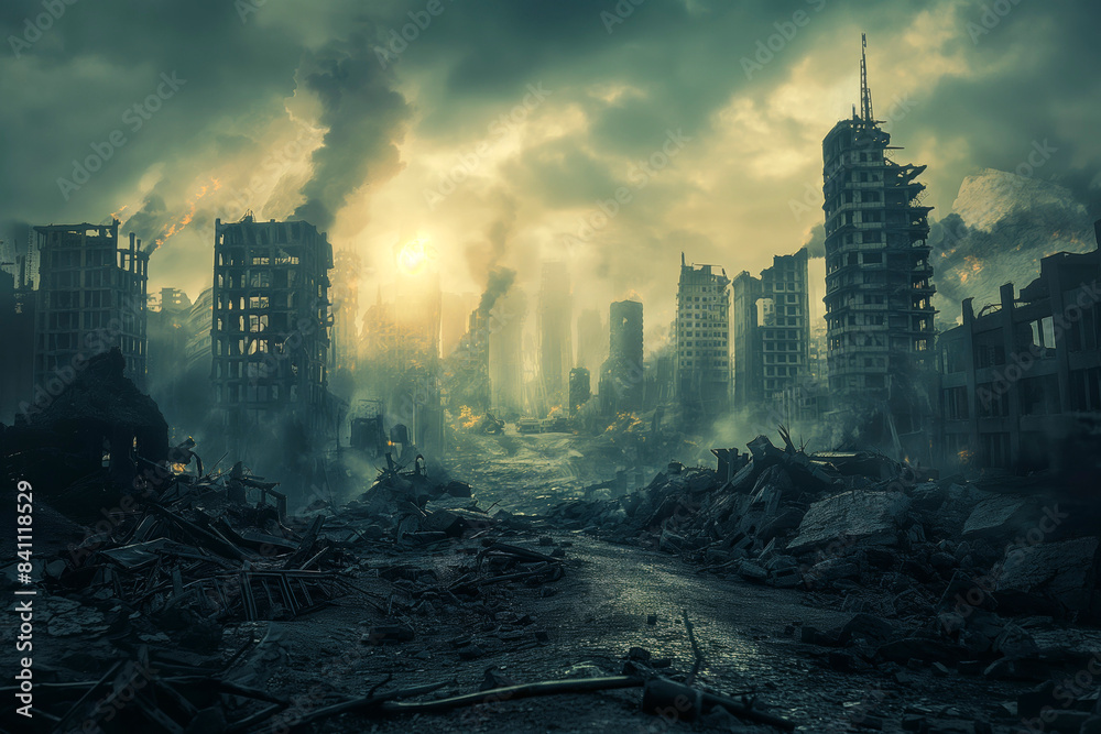 Apocalyptic view of destroyed world, post apocalypse after world war or