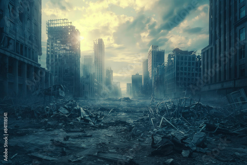 Apocalyptic view of destroyed world, post apocalypse after world war or natural disaster