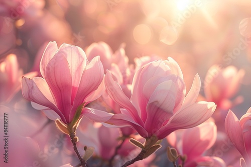 Magnolia tree blossom in springtime  close up of panorama spring background with copy space. 