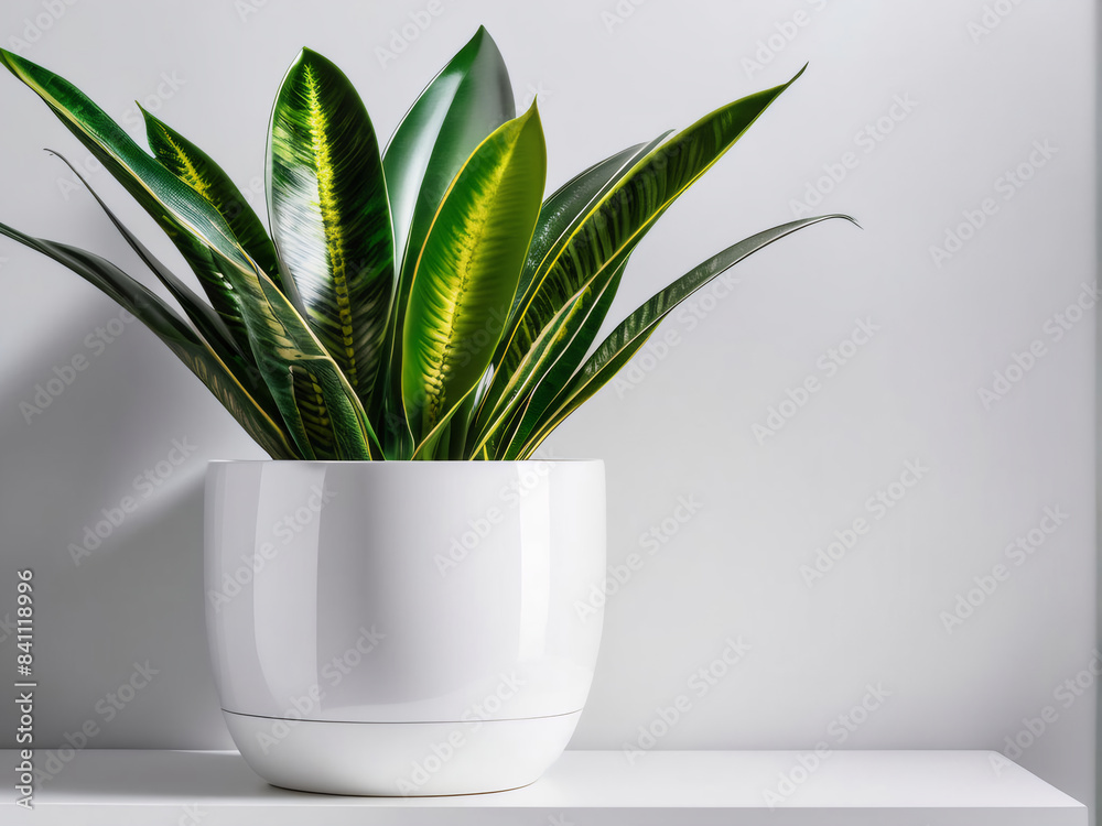 a Snake Plant gracefully flourishing within a glossy white pot. a Snake Plant gracefully flourishing within a glossy white pot.