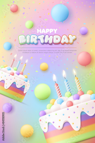 3D Happy birthday greeting card party template with cute rainbow cake, balloon, colorful background, baby anniversary event, kid banner, flyer, advertising, poster, social media, wallpaper, website