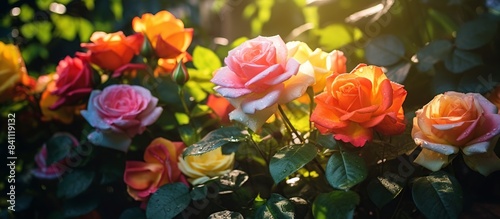 close up view of beautiful colorful rose flower in garden with nature background © Sarina