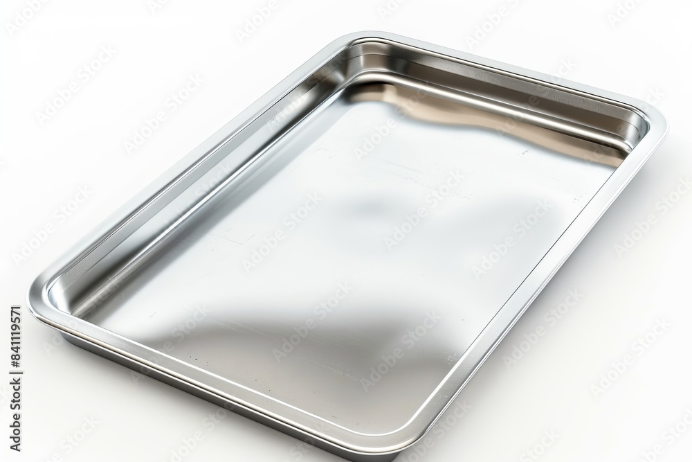 A shiny metal baking tray on a white background. Perfect for cooking and baking use. Simple yet effective kitchen tool for everyday use. Clean and modern design for a sleek appearance. Generative AI A shiny metal baking tray on a white background. Perfect for cooking and baking use. Simple yet effective kitchen tool for everyday use. Clean and modern design for a sleek appearance. Generative AI