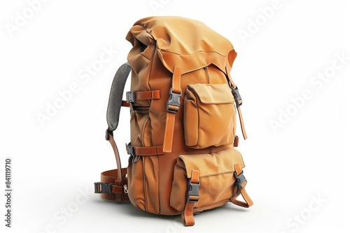 Close-up of stylish orange hiking backpack with multiple pockets and straps. The bag is perfect for outdoor adventures and long trips. Bright and functional design. Perfect accessory for wanderers