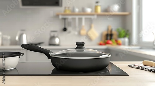 A pan on a stove on a pale background of a modern kitchen