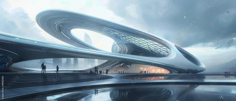 Fototapeta premium Futuristic architecture with modern, sleek designs featuring curved structures and a reflective surface, set against a cloudy sky.