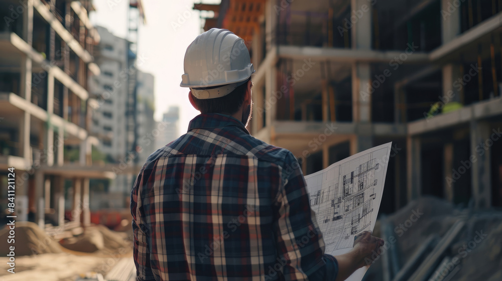 Engineer with Architectural Plans on Active Construction Site Engineer with Architectural Plans on Active Construction Site