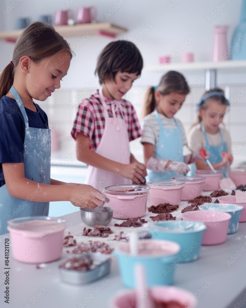 Diverse Group of Young Children, Ages 7-10, Making Fudge in Kitchen With Adult Supervision Diverse Group of Young Children, Ages 7-10, Making Fudge in Kitchen With Adult Supervision