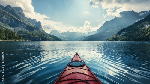 Kayak on a serene lake with stunning mountain views, reflecting clouds and sky, perfect for outdoor adventure and nature enthusiasts.