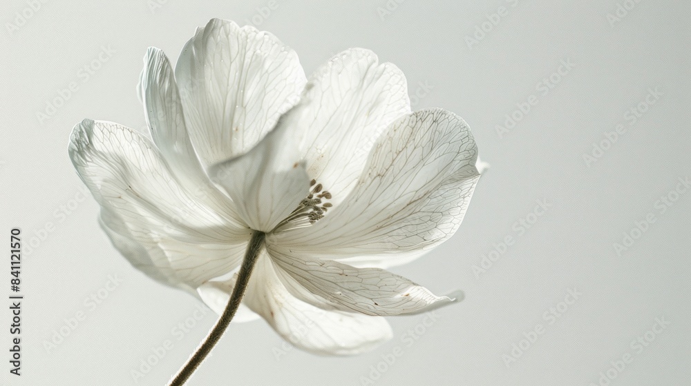 Fototapeta premium A white flower isolated against a white background, captured in a close-up macro photograph with soft studio lighting