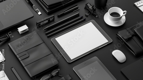 Top view of modern office desk setup with tablet, laptop, coffee, and office supplies in a sleek, black arrangement. photo