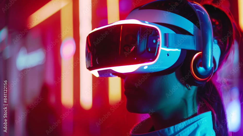 Person Wearing Virtual Reality Headset in Neon-Lit Environment Person Wearing Virtual Reality Headset in Neon-Lit Environment