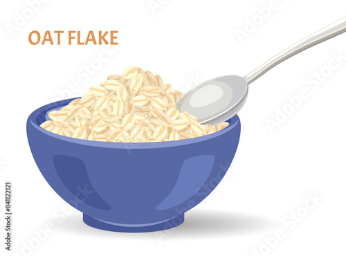 Oat flake in bowl with spoon. Vector cartoon flat illustration. Healthy food.