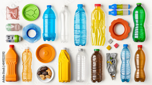   Assorted colorful plastic waste collection on transparent background -