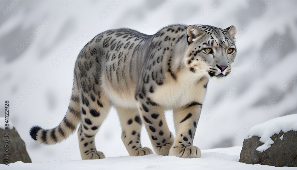 A snow leopard walking through the snowy mountains, its grey and white spotted fur blending in with the winter landscape. The leopard has piercing yellow eyes and a focused expression as it navigates A snow leopard walking through the snowy mountains, its grey and white spotted fur blending in with the winter landscape. The leopard has piercing yellow eyes and a focused expression as it navigates