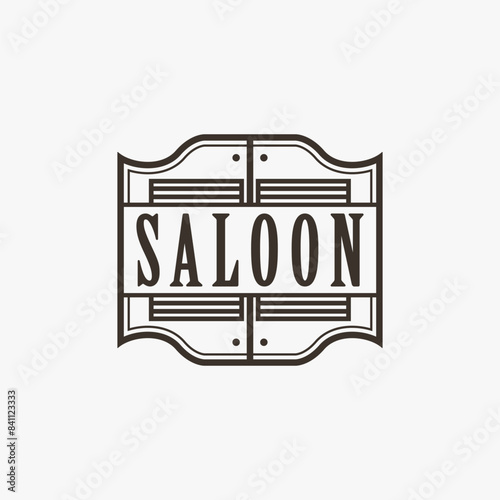 Western Saloon vector logo badge emblem with classic western wooden door illustration on white background