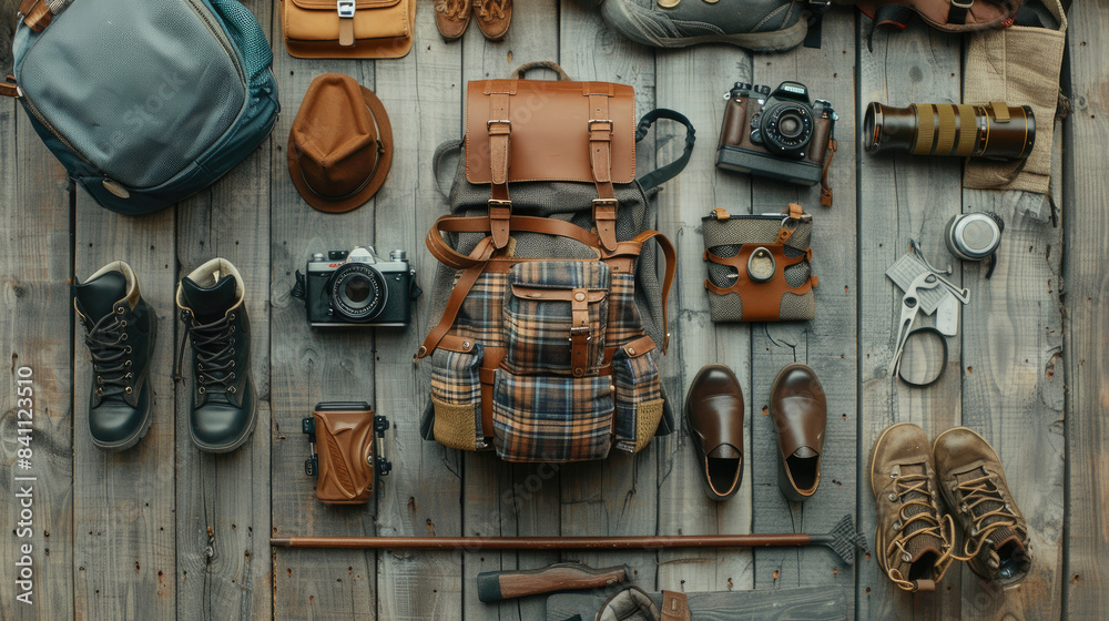 Hiking and Camping Equipment on Wooden Background