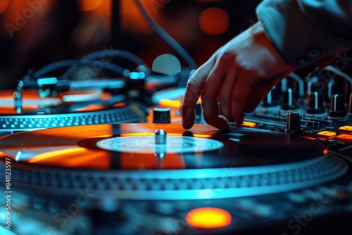 A man is playing a DJ set in a club with lights and a crowd © itchaznong