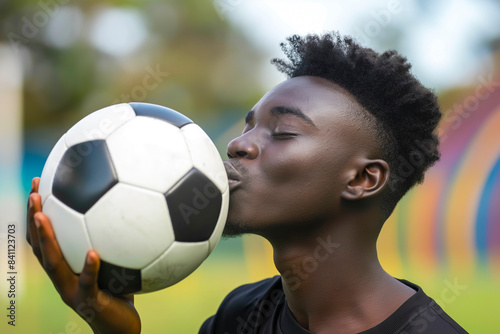 Black African young man in love with football sport kissing a soccer ball photo