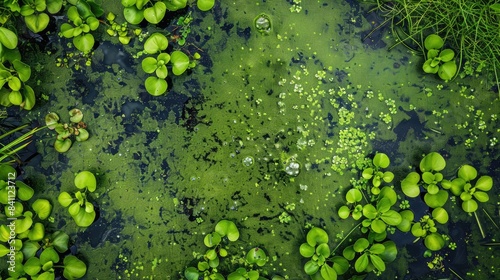 Floating green duckweed and green swamp algae in the pond
