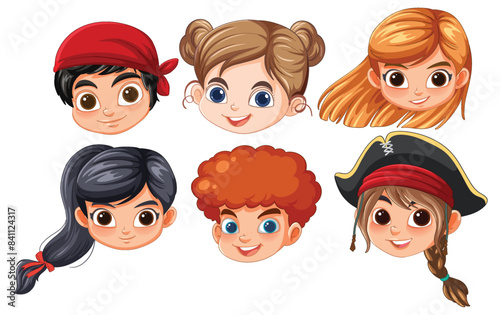 Six cartoon children with pirate-themed accessories