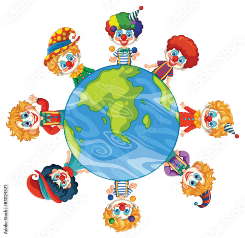 Colorful clowns encircle the Earth, symbolizing unity