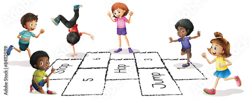 Kids enjoying a fun hopscotch game