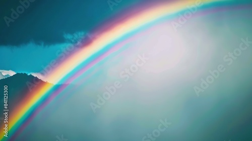 A rainbow arcs across the sky after a summer rain shower, vibrant colors a promise. Generative Ai