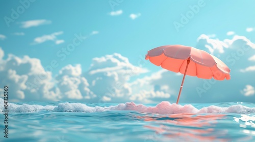 A vibrant red umbrella floating in the middle of a serene ocean under a bright blue sky with fluffy white clouds  symbolizing relaxation. 3D Illustration.