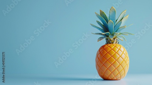 A vibrant pineapple with lush green leaves against a pastel blue background  showcasing freshness and tropical vibes  perfect for summer themes. 3D Illustration.
