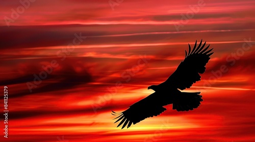 A solitary eagle soars gracefully against a canvas of fiery sunset hues. Generative Ai