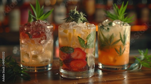 Cannabis-Infused Cocktails with Fresh Fruits. Three cannabis-infused cocktails with fresh fruits and ice on a bar  highlighting innovative drink creations.