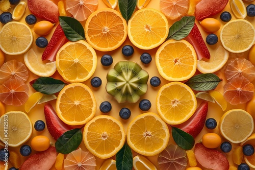 An arrangement of various fruits such as lemons  oranges  limes  grapefruit  strawberry and kiwi that are beautifully cut and arranged.