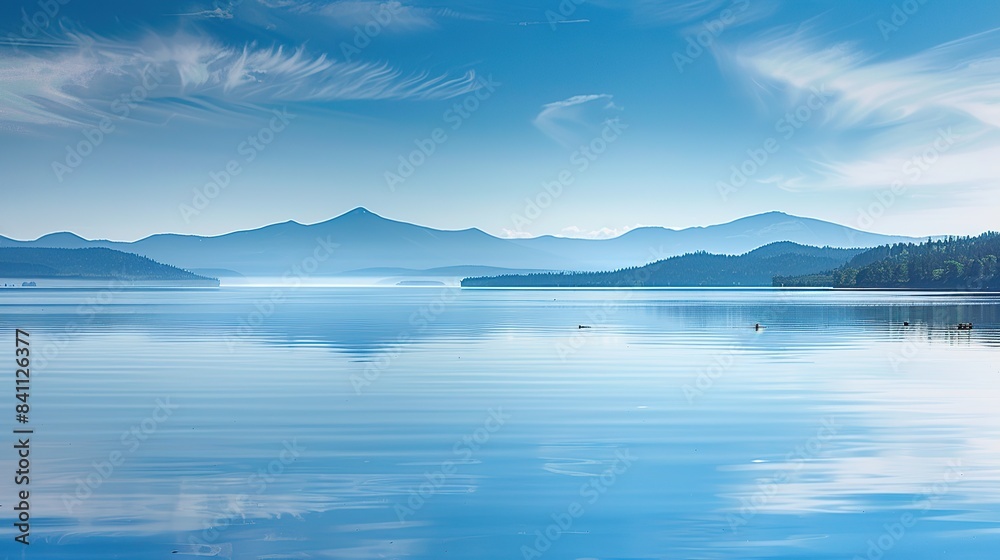 A tranquil lake mirrors the cerulean sky above, its glassy surface disturbed only. Generative Ai A tranquil lake mirrors the cerulean sky above, its glassy surface disturbed only. Generative Ai