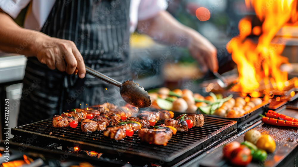 Naklejka premium A man is cooking food on a grill, with a variety of meats and vegetables on the grill. The man is wearing an apron and he is focused on his cooking. Concept of warmth and comfort