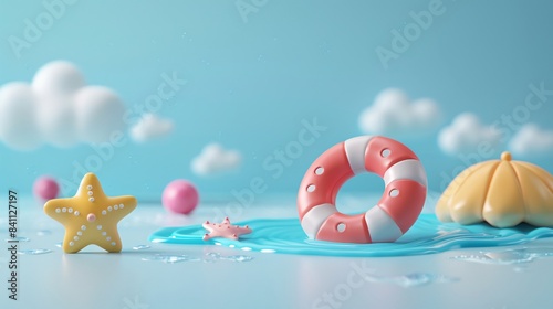 Playful and colorful beach-themed toys, featuring a lifebuoy, starfish, and umbrella with a blue sky and clouds backdrop. 3D Illustration.