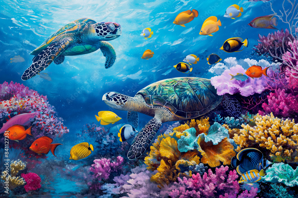 Fototapeta premium colorful coral reef with many fishes and sea turtle
