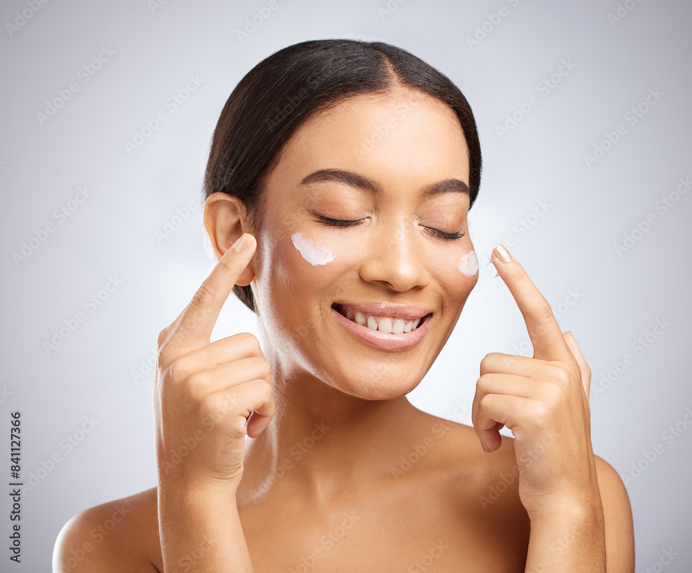 Skincare, woman and cream for beauty, treatment and routine facial cosmetics. Spa, wellness and skin glow dermatology on white studio background with black model, aesthetic and luxury collagen shine Skincare, woman and cream for beauty, treatment and routine facial cosmetics. Spa, wellness and skin glow dermatology on white studio background with black model, aesthetic and luxury collagen shine