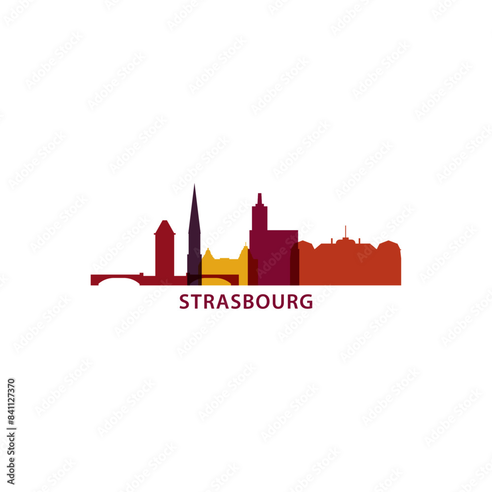 Obraz premium Strasbourg skyline, downtown panorama logo, logotype. France, Alsace city badge contour, isolated vector pictogram with cathedral, monuments, landmarks, skyscraper, bridge