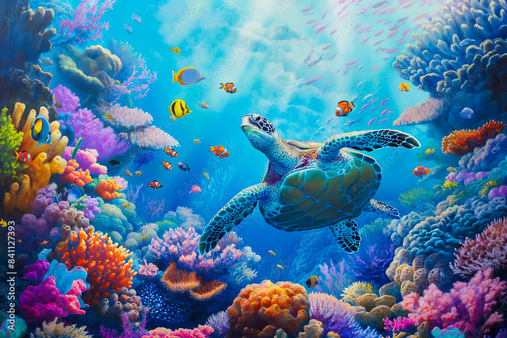 Naklejka premium colorful coral reef with many fishes and sea turtle