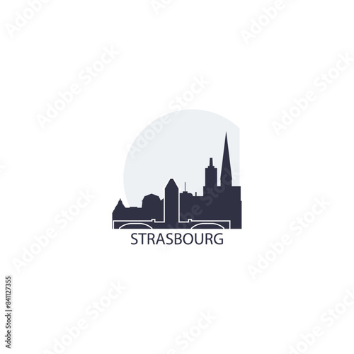 Strasbourg skyline, downtown panorama logo, logotype. France, Alsace city badge contour, isolated vector pictogram with cathedral, monuments, landmarks, skyscraper, bridge at sunrise, sunset