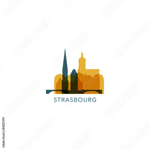 Strasbourg skyline, downtown panorama logo, logotype. France, Alsace city badge contour, isolated vector pictogram with cathedral, monuments, landmarks, skyscraper, bridge