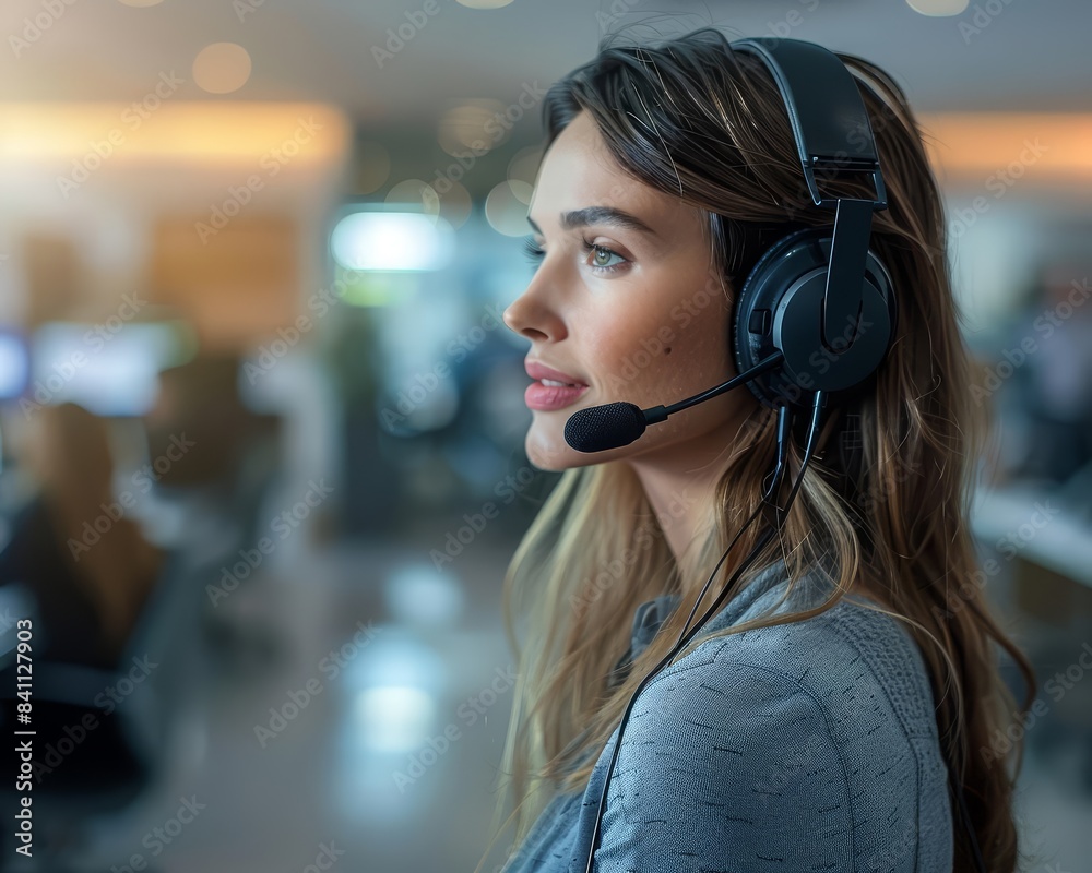 Professional customer service representative wearing a headset in a modern office, focused on assisting clients with their inquiries. Professional customer service representative wearing a headset in a modern office, focused on assisting clients with their inquiries.